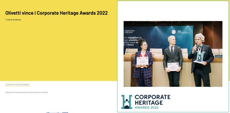 Olivetti premio Corporate Heritage Awards 2022